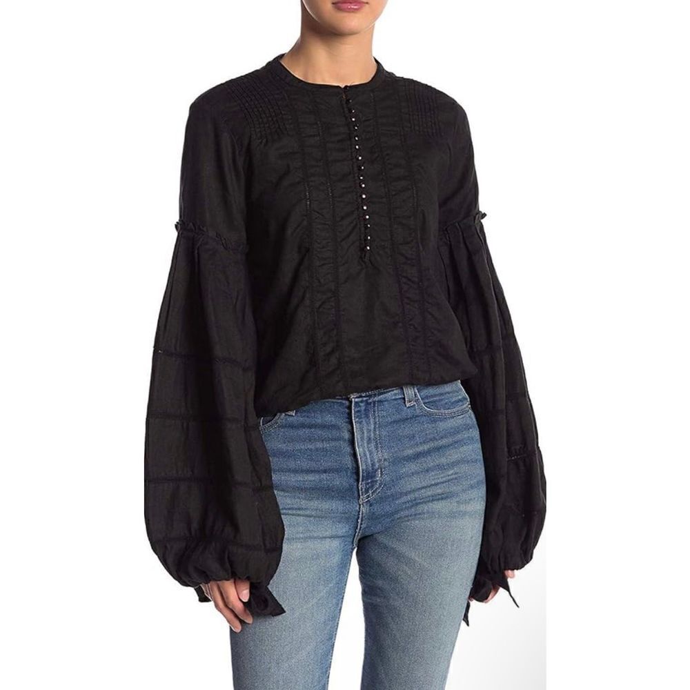 Free People Womens Bell Sleeve Peasant‎ Blouse Linen Black XS / S